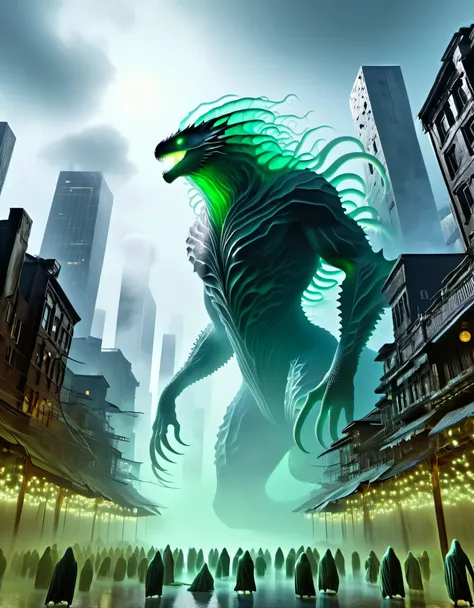 Looking up, Giant creatures, floating above the city, have huge bodies like mythical beasts, lizards, and monsters, like a huge white cloud with eyes flickering with wisdom. Their bodies are surrounded by a strong human body surrounded by a large amount of...