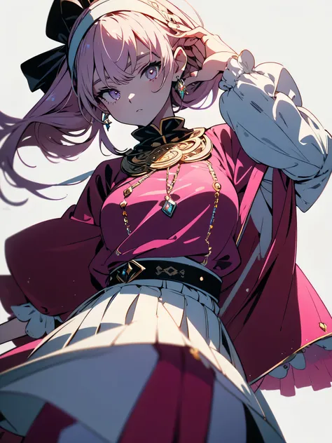 highest quality,very detailed,masterpiece,Super detailed,一人in,(Delicine eyes),(white background:1.3),pink、 eyes,Are standing,belt skirt,[trench coin:20],jewelry, mole_Down_eye, looking for_in_viewer, with ruffles_hair band,earrings,beautiful anime