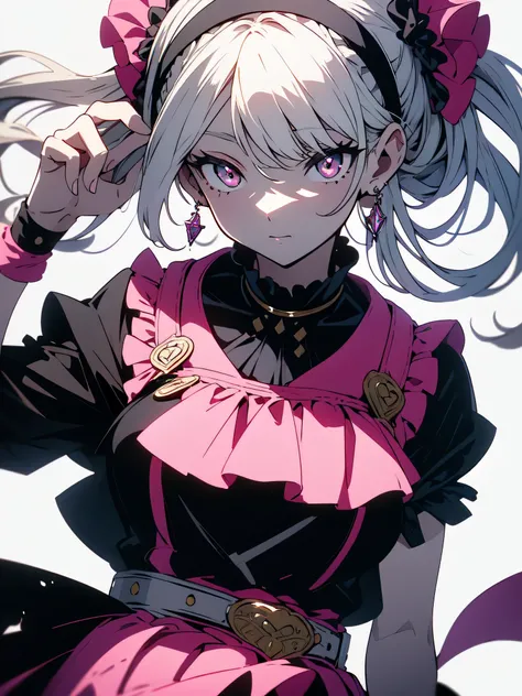 highest quality,very detailed,masterpiece,Super detailed,一人in,(Delicine eyes),(white background:1.3),pink、 eyes,Are standing,belt skirt,[trench coin:20],jewelry, mole_Down_eye, looking for_in_viewer, with ruffles_hair band,earrings,beautiful anime