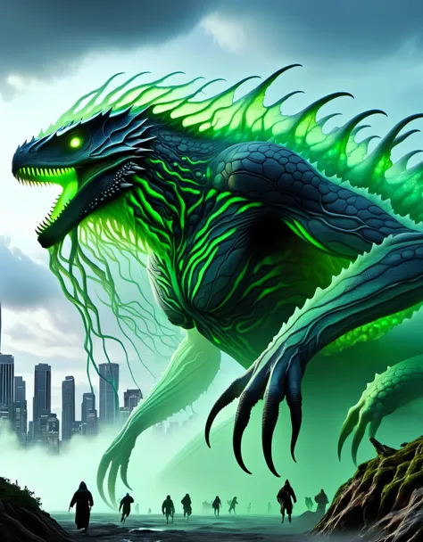 Giant creatures, floating above the city, the body of lizards, humans, and monsters is huge, like a huge white cloud, with eyes shining with wisdom. Its body is surrounded by a strong human body surrounded by a large amount of white and black mist, connect...