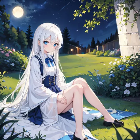 a little cute girl，long white hair，blue eyes，solo，sitting in the lawn at night