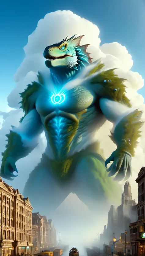 Looking up, a giant creature (Lizard Man Cloud Demon) floats above the city, with a huge body connecting the sky and the earth. It is a towering monster, its eyes twinkling with wisdom. Its body is surrounded by a large amount of white and black mist, and ...