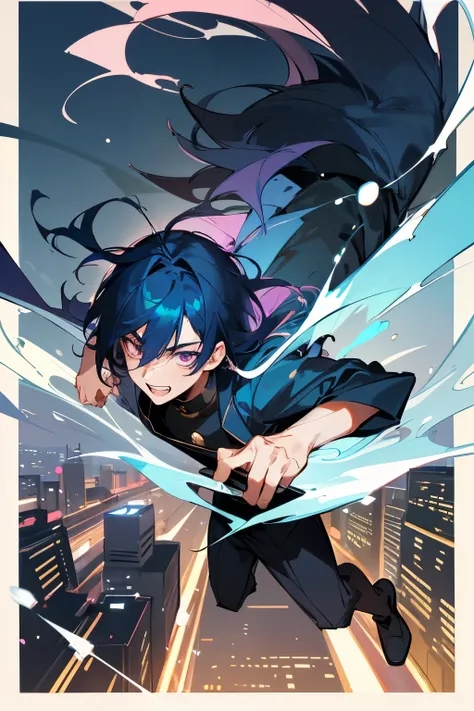 Ultra Detail,Haig Quality,sketch,1boy,matured male,Beautiful face,(Navy blue hair,Outer hair:1.3),Handsome men,Pearl skin,black tshirt,Moss Green Mod Coat,Dynamic Angle,Japan Anime,Pink eyes,Laugh,Like a cats eye,city,male in his 20s,full body