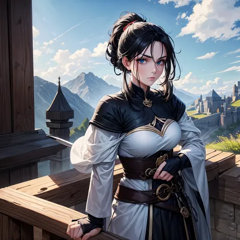 Generate a picture of a single medieval warrior woman with black hair tied in a ponytail, blue eyes, black eye lids and a husky sharp gaze, looking out at the view of the beautiful afternoon landscape 