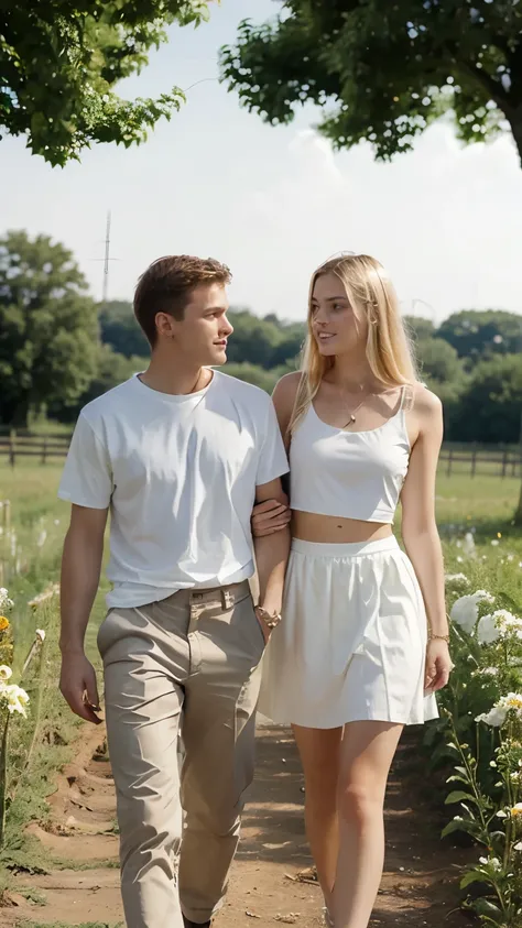 a 20 years old white man walking  and talking next to a 20 years old blonde girl wearing a white top and a flower skirt, farm background