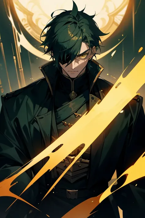 "Dark and epic atmosphere. Mature male with short and sharp green hair, piercing golden eyes, and an eyepatch. He exudes a formidable aura as the emperor."
