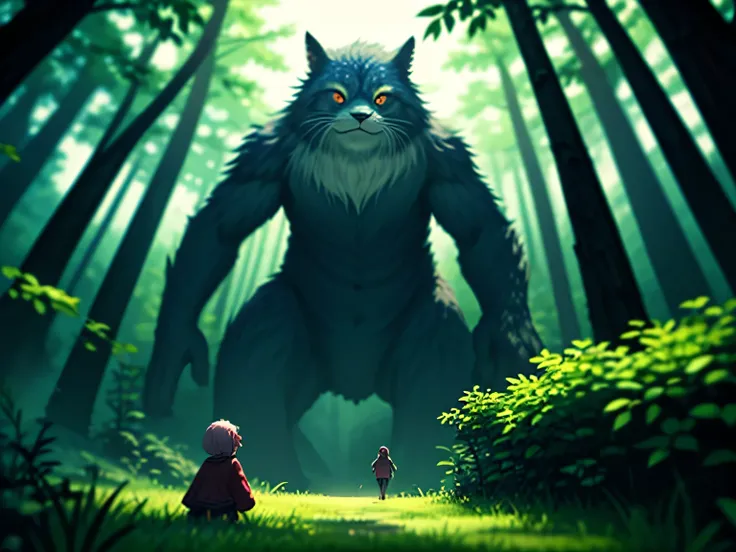 giant creature, fantasy world, Adorable animals and giant fictional characters, pastel colored hair, fluffy, round eyes, 3 times the height of the tree, In a vacant lot next to the forest, from below, giant creatureの足元にいる女の子, (masterpiece), (highest qualit...