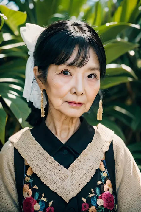 black hair、80 years old、grandmother