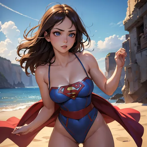 best quality, ultra-detailed, masterpiece, fine details, high res, 8k wallpaper, best quality, highres, cowboy shot, supergirl, spaghetti strap top, dynamic action, flying, doing superhero stuff, superhero, beautiful girl, woman, solo, fly, sky, cloudy sky...