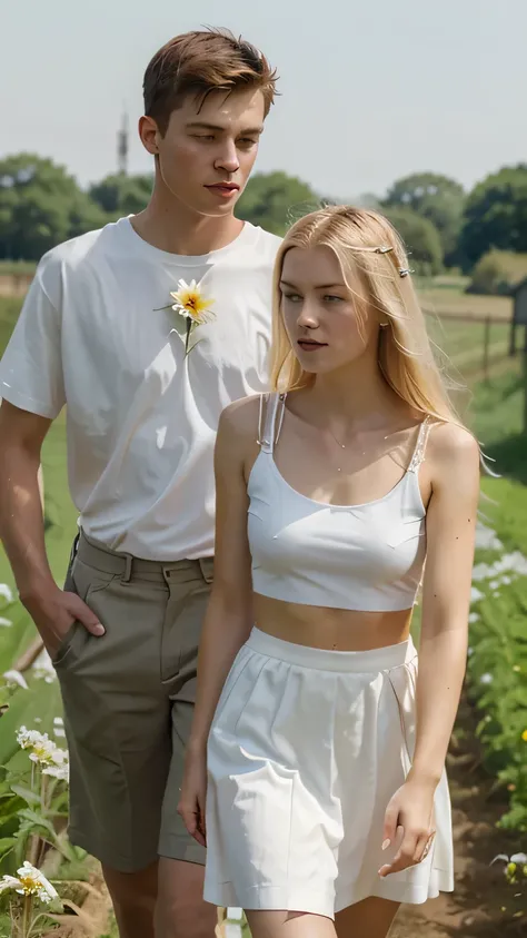 a 20 years old white man walking and talking next to a 20 years old blonde girl wearing a white top and a flower skirt, farm background