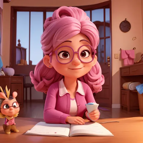 Mulher de 40 anos cabelos ondulados pretos curtos de oculos redondo com roupa de academia rosa estilo pixar 3 D. 