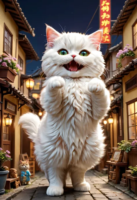 a giant cat rampages through a miniature city,,big cat:cute:fluffy:超cute:big size,diorama,ultra joyful,happy,happiness,destroy a...