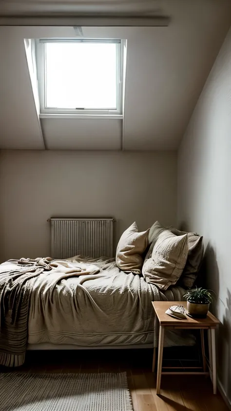 Picture a cozy studio bedroom with minimalist aesthetics and a serene atmosphere. The room is painted in soft, neutral tones, creating a sense of calm and spaciousness. Large windows allow plenty of natural light to flood the space, illuminating the simple...