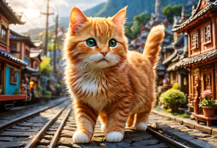 a giant cat rampages through a miniature city,trainを持ち上げる猫,big cat:cute:fluffy:超cute:big size,diorama:line:train,ultra joyful,ha...