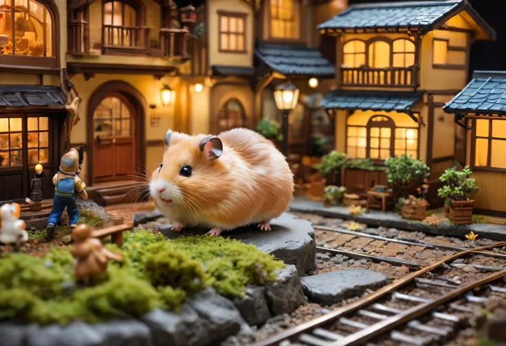 Giant hamsterがミニチュアの街で暴れ回る,trainを持ち上げるハムスター,Giant hamster:cute:fluffy:超cute:big size,diorama:line:train,ultra joyful,Happy,happiness,destroy and play,dioramaとハムスター,masterpiece,最高masterpiece,A wonderful photo that makes the viewer feel Happy,anatomically co...