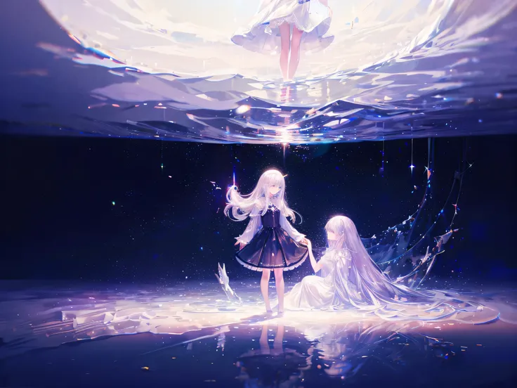 masterpiece，super high quality，holy，beautiful，Romantic，I can&#39;t imagine how beautiful this is，two girls，stand，Black and white lace skirt，starlight，Silver，Stellar debris，shining stars，Sense of collapse，light and shadow，Aesthetic，dreamlike scene，world