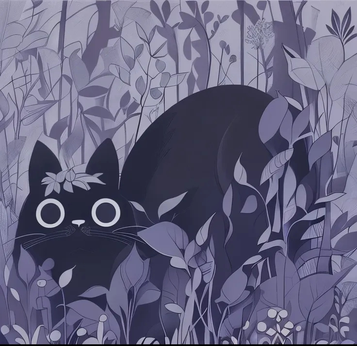 there is a black cat that is sitting in the grass, cat in the forest, cats and plants, purple cat, giant eyes in the grass, illu...