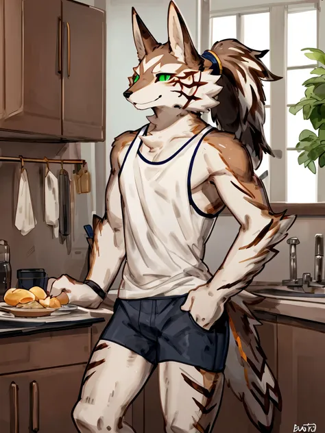 ((best quality, masterpiece, detailed eyes, perfect anatomy, by Buta99, by Bebebebebe)) Jackal, Seth, (Tokyo Afterschool Summoner), 1male, smile, brown furs, ponytail hairstyles, tail, black slit pupils, green sclera, skinny muscle body, tank top, shorts, ...