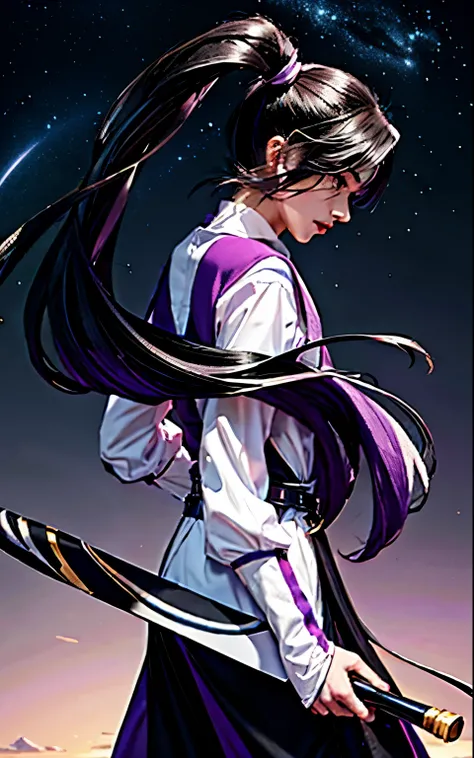 Purple and white gradient clothes，pure black hair 1.5，Gray belt，golden hilt 1.2，Fair skin and beautiful appearance，masterpiece，best quality，2k，sky background，Exquisite anime characters