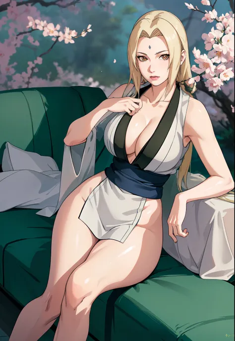 Madura tsunade senju, large breasts, slim legs, blonde hair, carrying a small (dark green-haired baby) [beautiful detailed eyes, beautiful detailed lips, extremely detailed eyes and face, long eyelashes], [illustration, oil painting, 3D rendering, photogra...