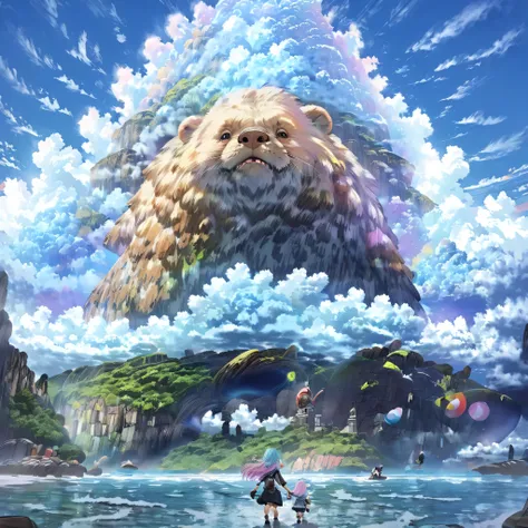 giant creature, fantasy world view, adorable animal fictional giant character, creatures with pastel colored hair, fluffy, fluff...