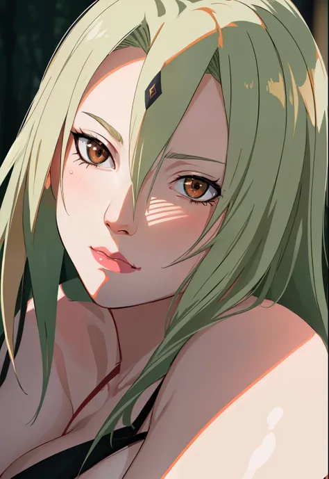 Madura tsunade senju, large breasts, slim legs, blonde hair, carrying a small (dark green-haired baby) [beautiful detailed eyes, beautiful detailed lips, extremely detailed eyes and face, long eyelashes], [illustration, oil painting, 3D rendering, photogra...