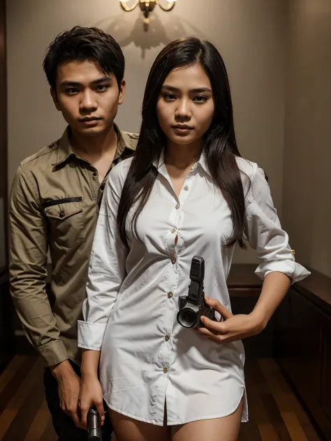 young man and woman from Indonesia taking a photo together. dress shirt, holding a revolver. very detailed, super detailed, facial detail, ultra HD, 8K Resolution, RAW