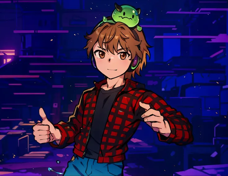 Improve the quality, improve the light and shadow, change the art style to realistic anime draw style, keep his flannel jacket, keep the slime pet on his head, brown hair and brown eyes. Make he with confident smile