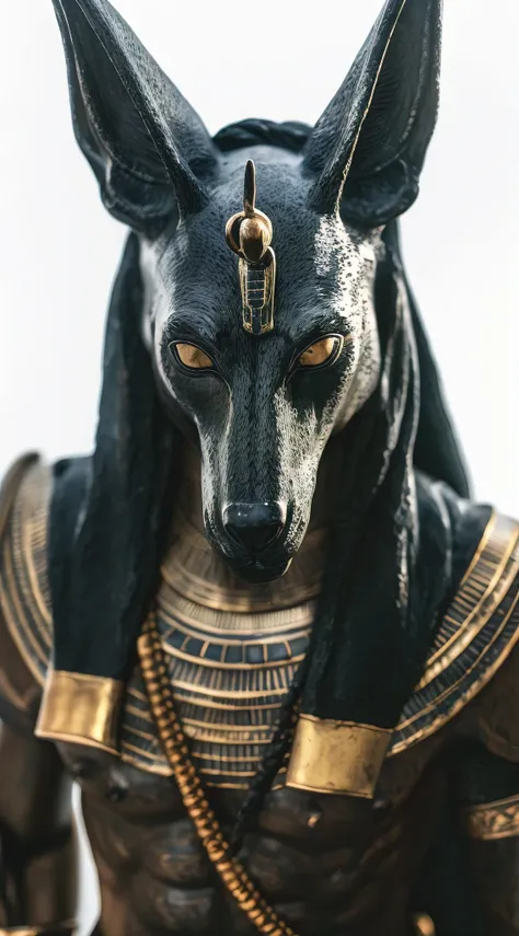 (best quality, masterpiece:1.2), photo of a statue of the egyptian god of death anubis, standing close to the camera, looking in...