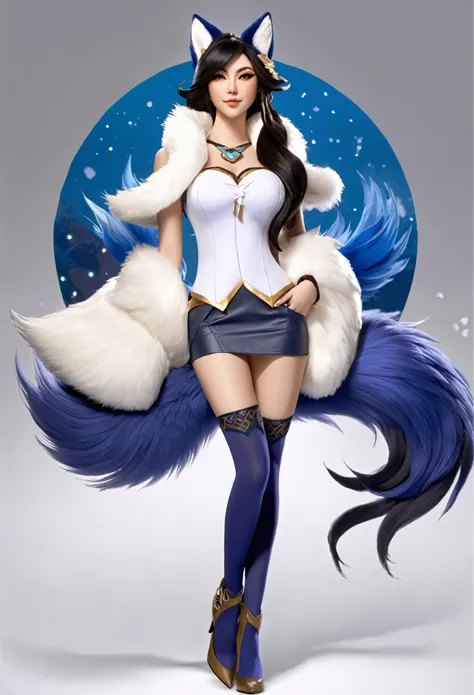 realistic，league of legends character ahri. the artist's brushstrokes bring to life a blend of chinese elegance and the mystical...