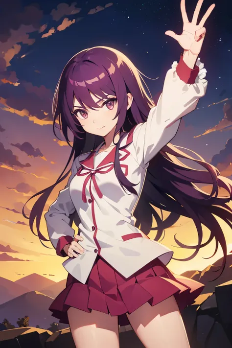 1 girl, long hair, Bakemonogatari, Senjogahara Hitagi, uniform cowboy shot, A dynamic pose