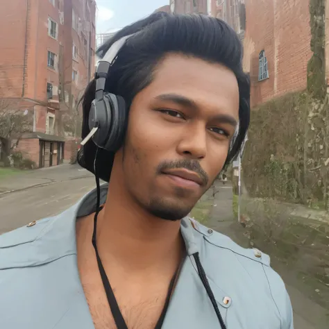 a closeup portrait:1.1, realistic:1.1, raw photo, men ,20-25 age, black hair, brown skin, headphone on head, jacket, outdoors,city, outside,Best quality at best，8K UHD，digital SLR camera，filmgrain，