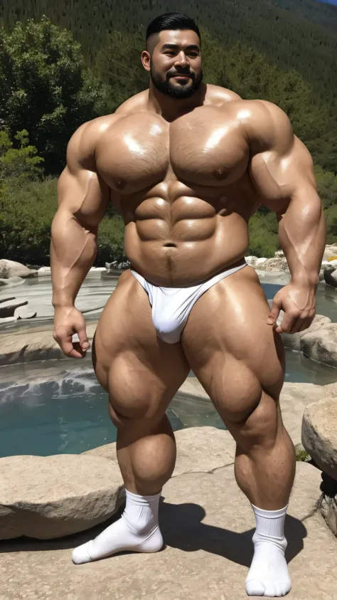 a chinese bodybuilder，30 years old，Tall and handsome, toned body，short hair, O-shaped beard，Perfect body, Dark and shiny complexion，Smooth skin，The body is hairless，Muscle bulge, muscular, Very big pecs，Very sexy abs，Leg muscles are very developed，Huge bum...