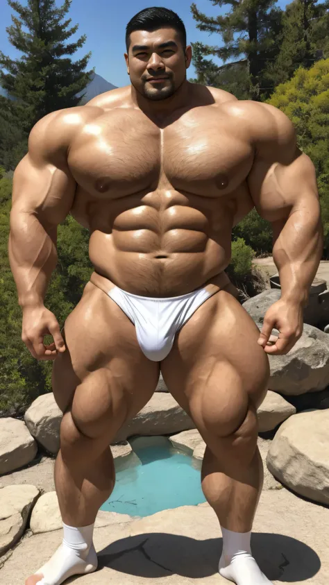 a chinese bodybuilder，30 years old，Tall and handsome, toned body，short hair, O-shaped beard，Perfect body, Dark and shiny complexion，Smooth skin，The body is hairless，Muscle bulge, muscular, Very big pecs，Very sexy abs，Leg muscles are very developed，Huge bum...