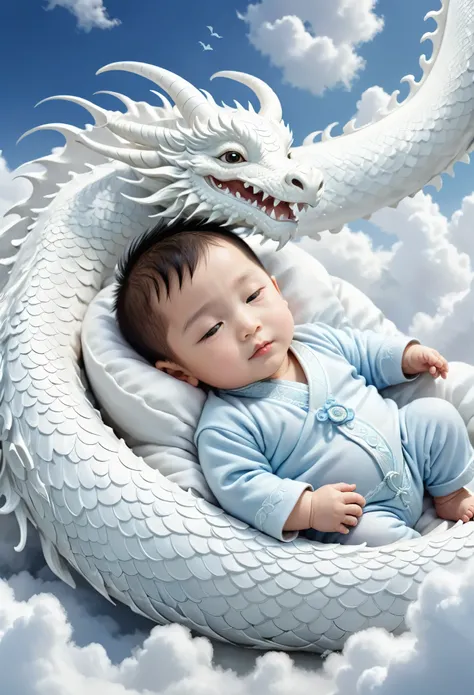 A one-year-old Chinese baby boy,charming, round face,Sleeping on the white dragon bed, Zhu Lian's realistic paintings, Shutterstock Contest Winners, fantasy art, a dragon made of clouds, Chinese fantasy, Lying in Baiyun Wonderland,lens, style, Intricat...