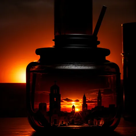 (An intricate minitown Matera landscape trapped in a jar with cap), atmospheric oliva lighting, on a white desk, 4k UHD, dark vibes, hyper detailed, vibrant colours red sky background, epic composition, octane render, sharp focus, high resolution isometric...