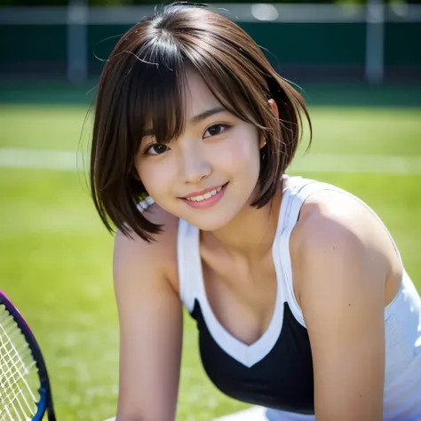 Best-quality, Masterpiece, Ultra-High-Resolution, (Photorealistic:1.4), Raw-Photo, 1girl, the most famous Japanese idol, wearing tennis-wear with cute-design, (extremely cute face, ((extremely beautiful big-black-eyes)), extremely beautiful black-short-cut...