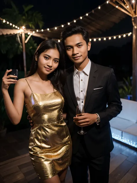 photo of a young couple from Indonesia in formal clothes taking a photo together at a party at night. photography, super detailed, realistic, ultra HD, 8K Resolution, facial details.