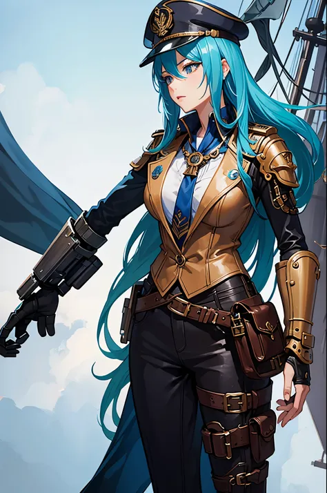 human, female, blue hair, sea captain, captain hat, bionic arm, fantasy background, steampunk