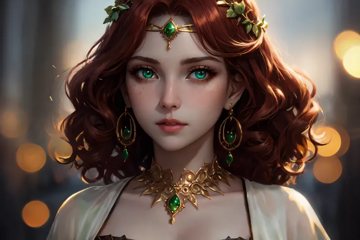 a woman with red hair and green eyes wearing a necklace