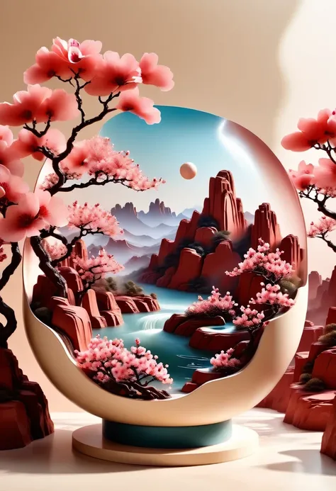 (masterpiece, high quality, best quality, official art, Beauty and Aesthetics: 1.2), milk tea cup, Surrounded by red rocks, splash spray, (Chinese landscape paper sculpture, Chinese Song Dynasty landscape painting: 1.2), (Surreal dream style), Creamy organ...