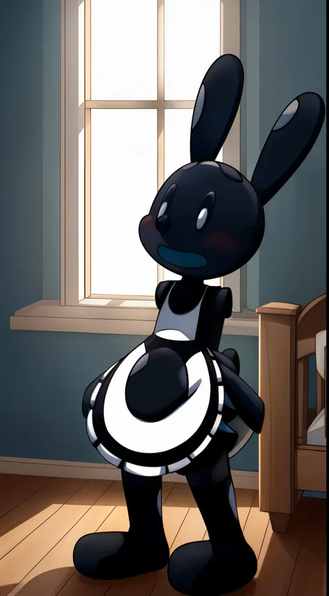 Oswald, armless, missing arms, no arms, black eyes, big and wide mouth, agape, white polka dots on ears, full body, maid dress, shy expression, expressive, blushing harder, dynamic angle, bedroom, window, sunrays, furniture, detailed art, intricate details