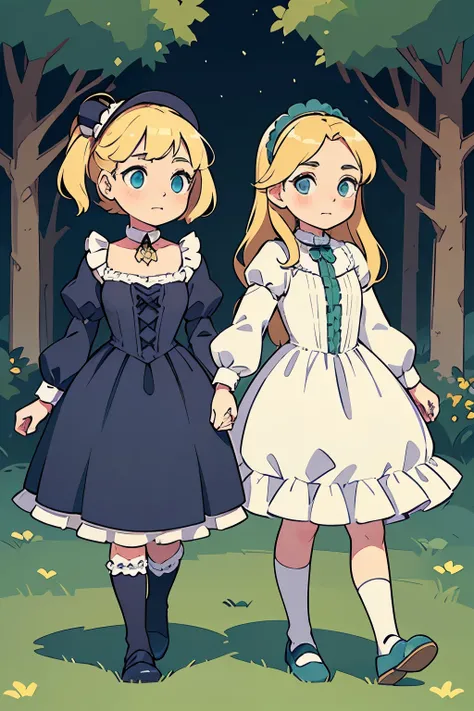 two girls, (Virginia Otis, 15 years old (blond hair, blue eyes)) pose with (16 years old Georgie Gerald (blond hair, green eyes)). Victorian style. thin, cute face, walks at night in Canterville Castle (inspired by the novel The Canterville Ghost). aged 18...