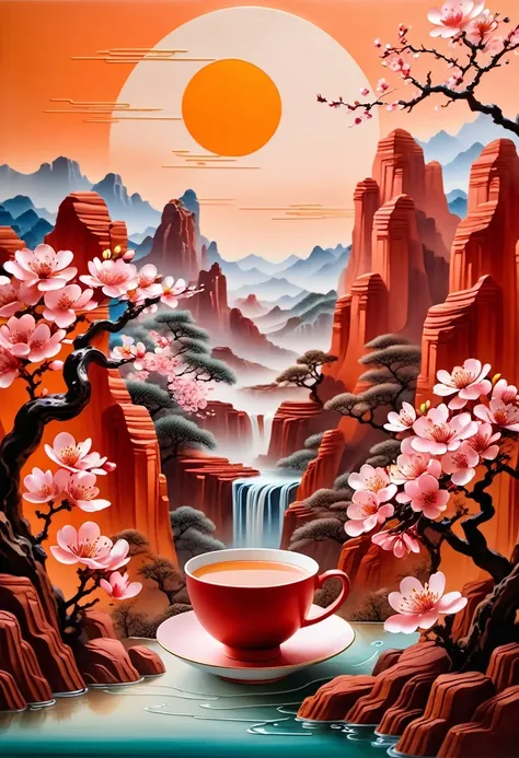 (masterpiece, high quality, best quality, official art, Beauty and Aesthetics: 1.2), milk tea cup, Surrounded by red rocks, splash spray, (Chinese landscape paper sculpture, Chinese Song Dynasty landscape painting: 1.2), (Surreal dream style), Creamy organ...