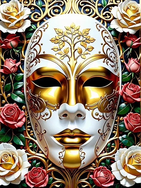 （best quality，4k，masterpiece：1.2），super detailed，lifelike:1.37，beautiful symmetrical mask，Apply with thick brush strokes and wet paint, Proportions of gold, melted wax |, visible strokes, rose symmetry mask，White mask surrounded by roses, Mosaic wireframe ...