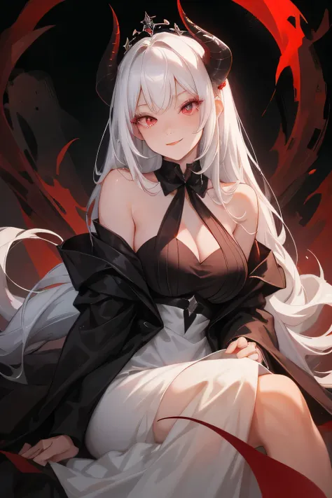 older woman, A female milf demon with black demon horn, extremely long white hair, White eyes of the demon, black wedding dress, wicked and malicious look, demon queen, wicked smile, completely red pupils, black magic crown
