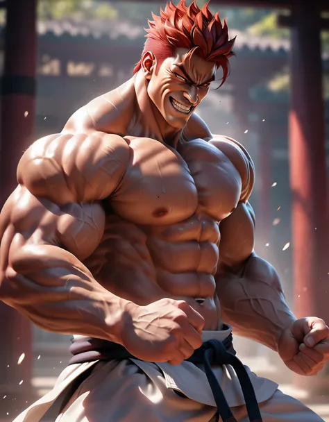 "(best quality, 8K, ultra-detailed, realistic:1.2), portrait, Yujiro Hanma, muscular, serene, smiling, detailed, red hair, tough, intimidating, powerful, showcasing his strength, focused gaze, chiseled facial features, striking cheekbones, defined jawline,...