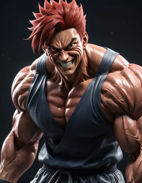 full body image "(best quality, 8k, ultra-detailed, realistic:1.2), portrait, yujiro hanma, muscular, serene, smiling, detailed,...