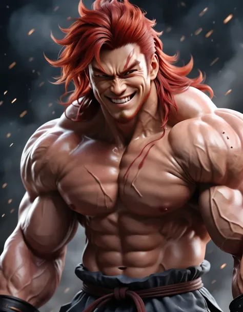 full body image "(best quality, 8K, ultra-detailed, realistic:1.2), portrait, Yujiro Hanma, muscular, serene, smiling, detailed, red hair, tough, intimidating, powerful, showcasing his strength", 