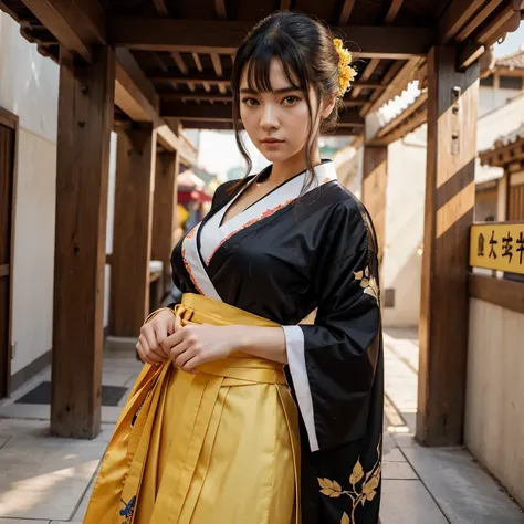 mujer araffe con un kimono amarillo sentada en una repisa, palacio ， una chica en hanfu, estilo anime realista 3d, obra de arte al estilo de guweiz, hermosa pintura de personajes, anime 3d realista, tendencia en cgstation, anime estilo 3d, vistiendo ropa c...